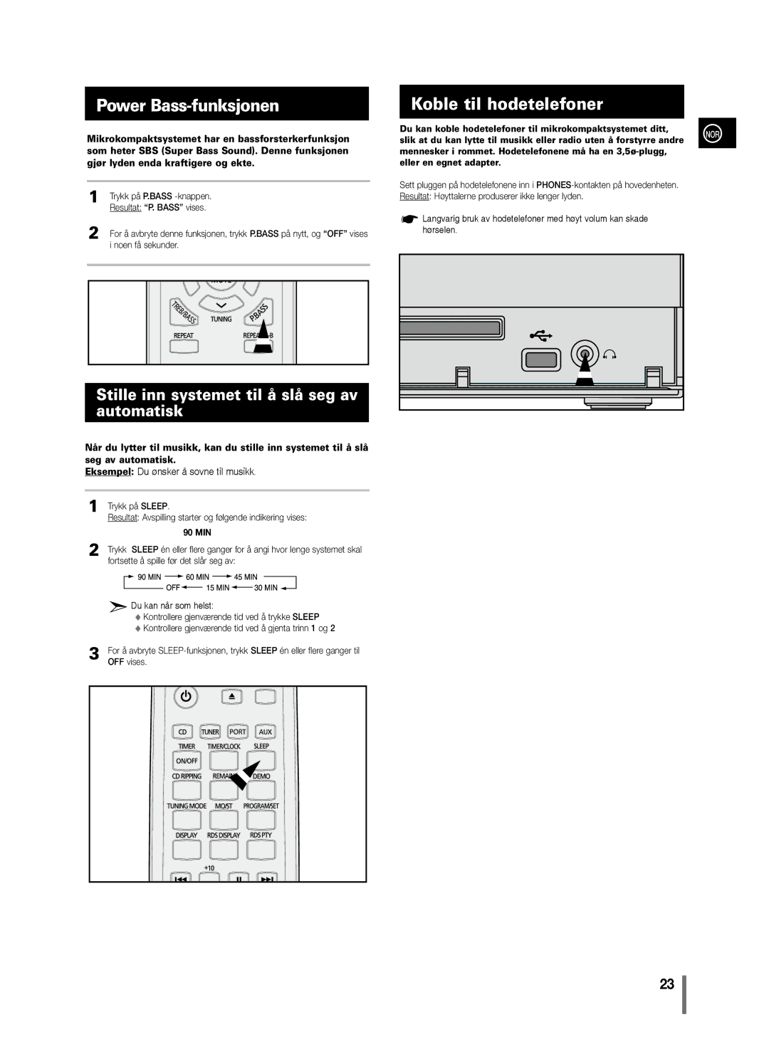 Samsung MM-C430/XEE manual Power Bass-funksjonen, Koble til hodetelefoner, Stille inn systemet til å slå seg av automatisk 