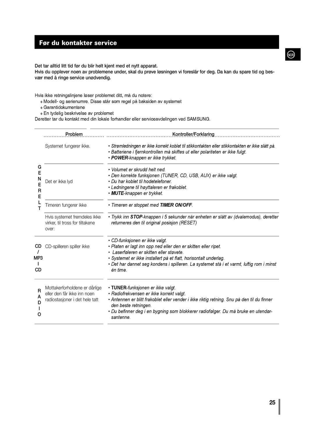 Samsung MM-C430/XEE manual Før du kontakter service, MP3 