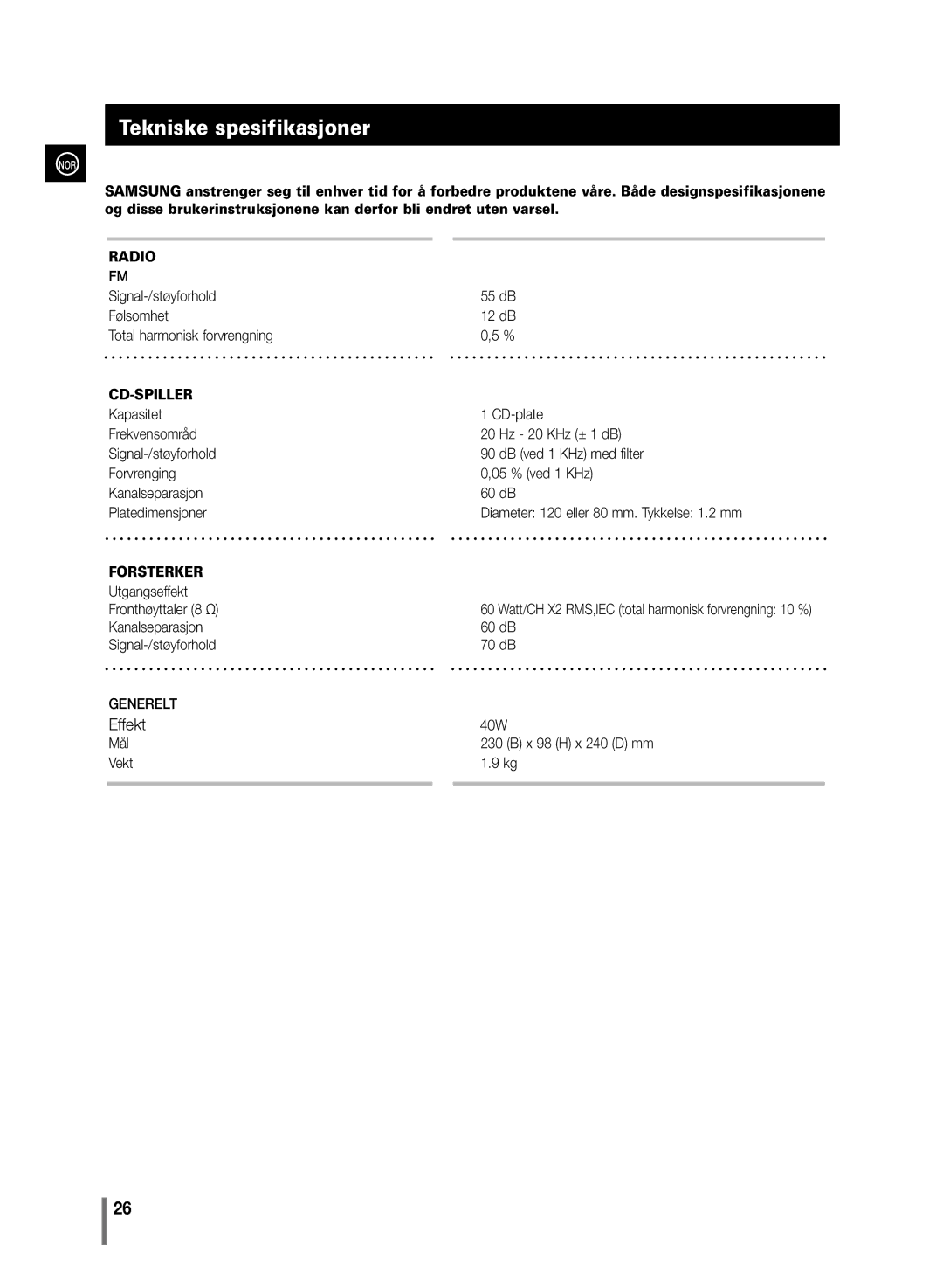 Samsung MM-C430/XEE manual Tekniske spesifikasjoner, Watt/CH X2 RMS,IEC total harmonisk forvrengning 10 % 