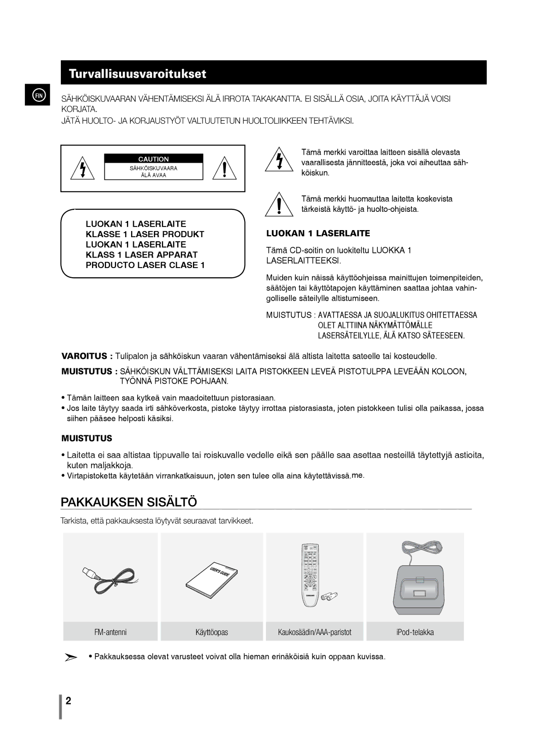 Samsung MM-C430/XEE manual Turvallisuusvaroitukset, Luokan 1 Laserlaite 