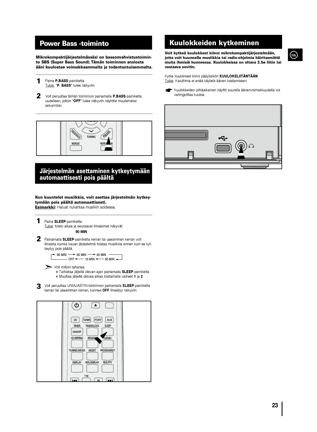 Samsung MM-C430/XEE manual Power Bass -toiminto, Kuulokkeiden kytkeminen, 90 MIN 