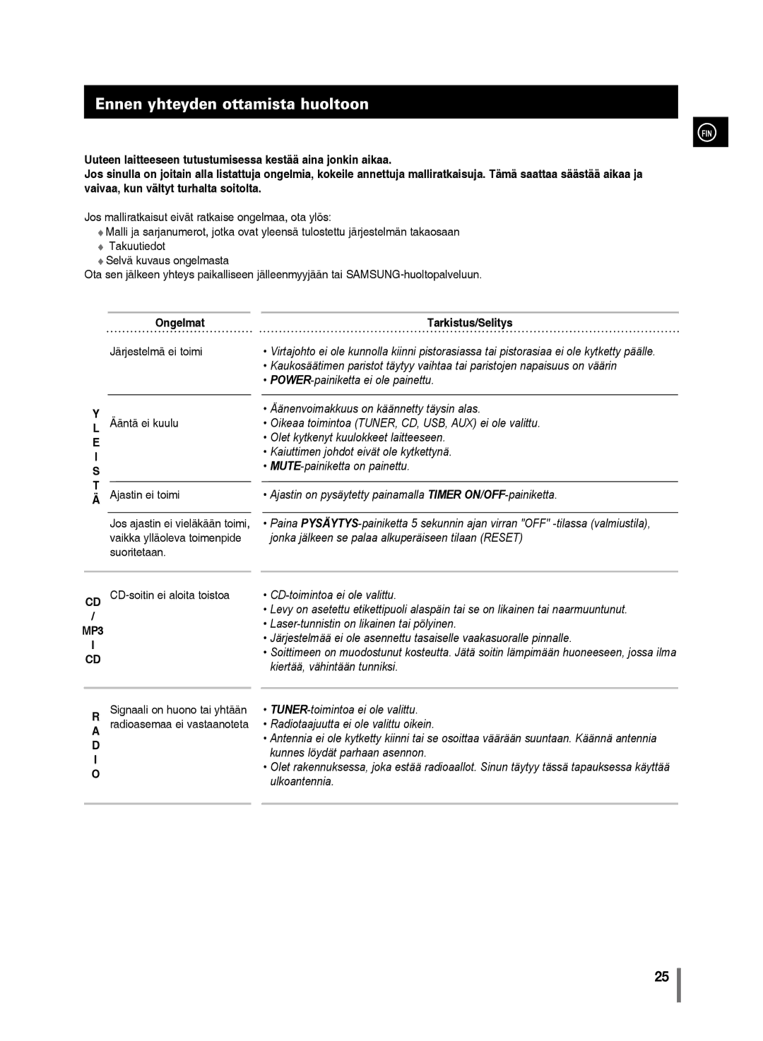 Samsung MM-C430/XEE manual Ennen yhteyden ottamista huoltoon, Ongelmat Tarkistus/Selitys Järjestelmä ei toimi 