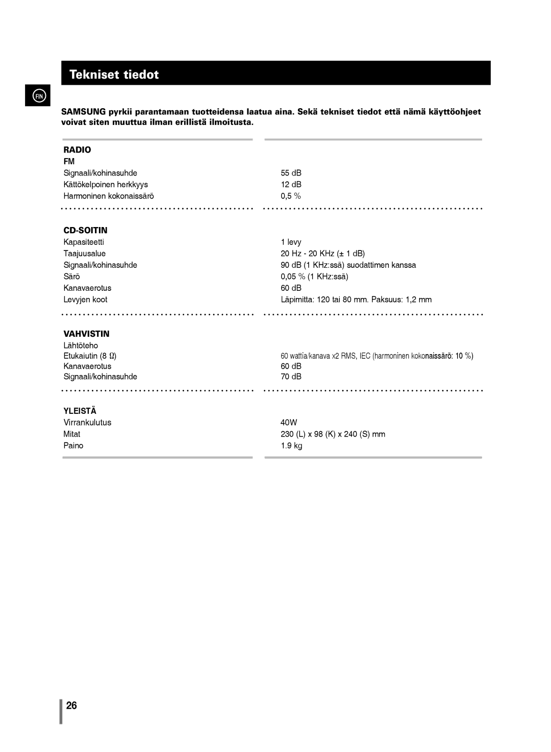 Samsung MM-C430/XEE manual Tekniset tiedot, Wattia/kanava x2 RMS, IEC harmoninen kokonaissärö 10 % 