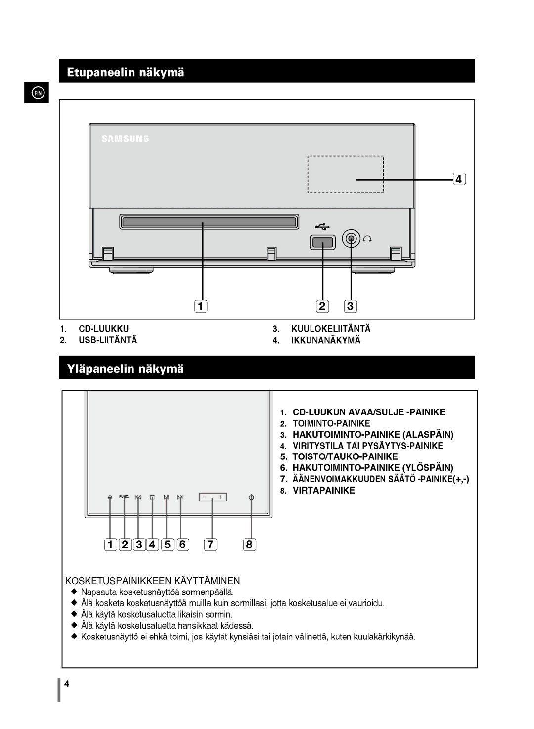 Samsung MM-C430/XEE manual Etupaneelin näkymä, Yläpaneelin näkymä 