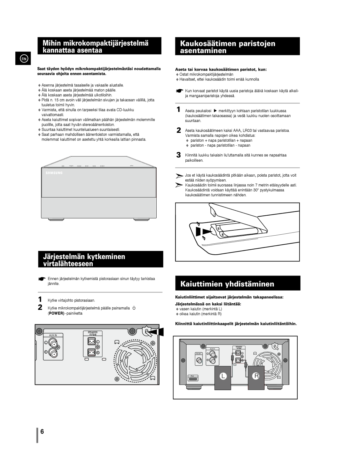 Samsung MM-C430/XEE manual Mihin mikrokompaktijärjestelmä kannattaa asentaa, Kaukosäätimen paristojen asentaminen 