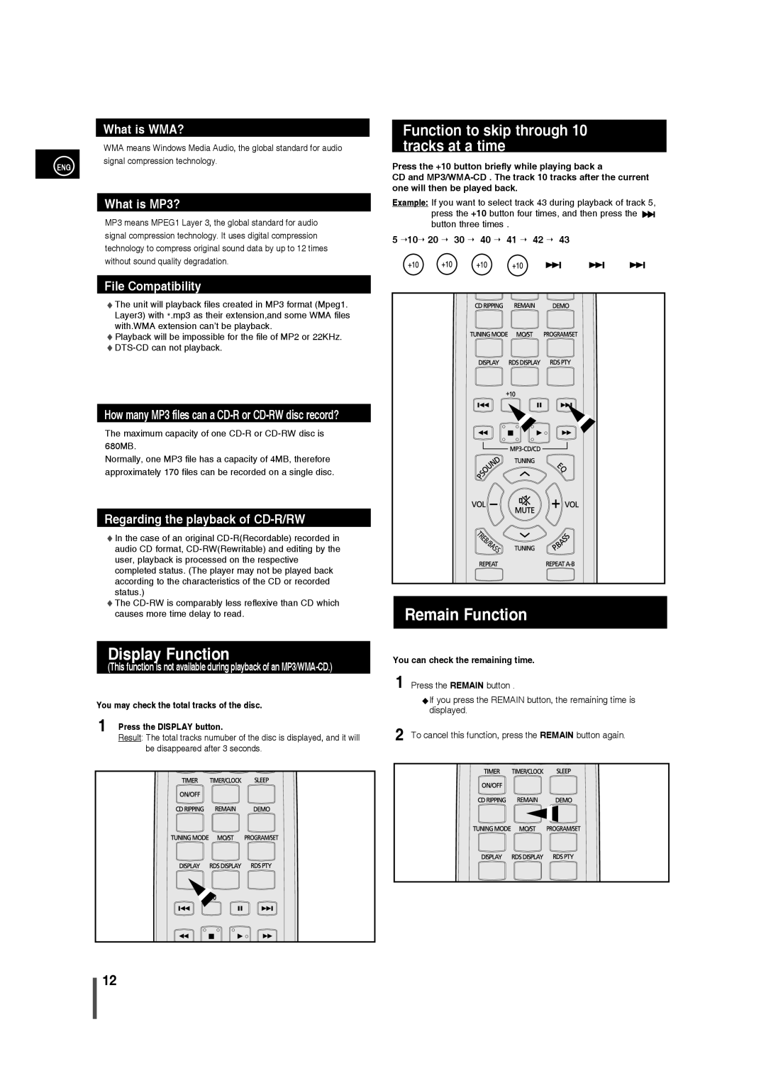 Samsung MM-C430/XEE manual Display Function, Remain Function, Function to skip through, Tracks at a time 