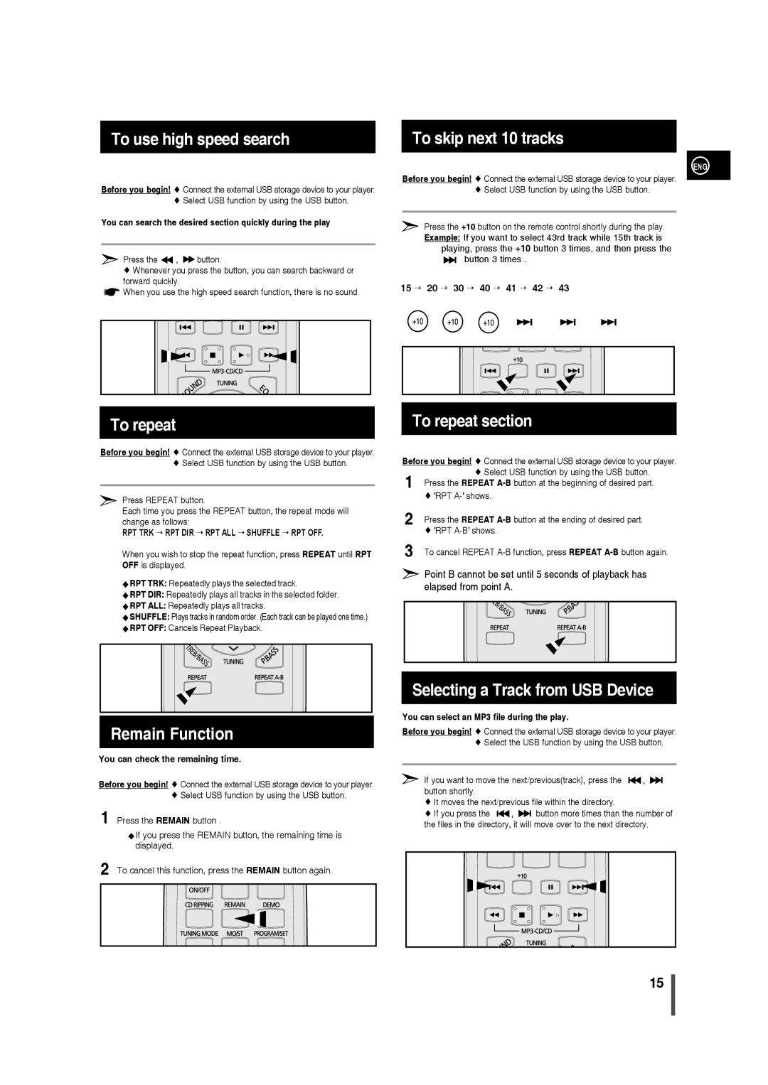 Samsung MM-C430/XEE manual To use high speed search, To skip next 10 tracks, To repeat section 