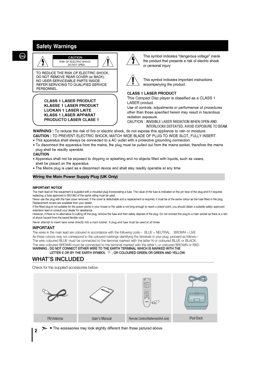 Samsung MM-C430/XEE manual Safety Warnings, Class 1 Laser Product 