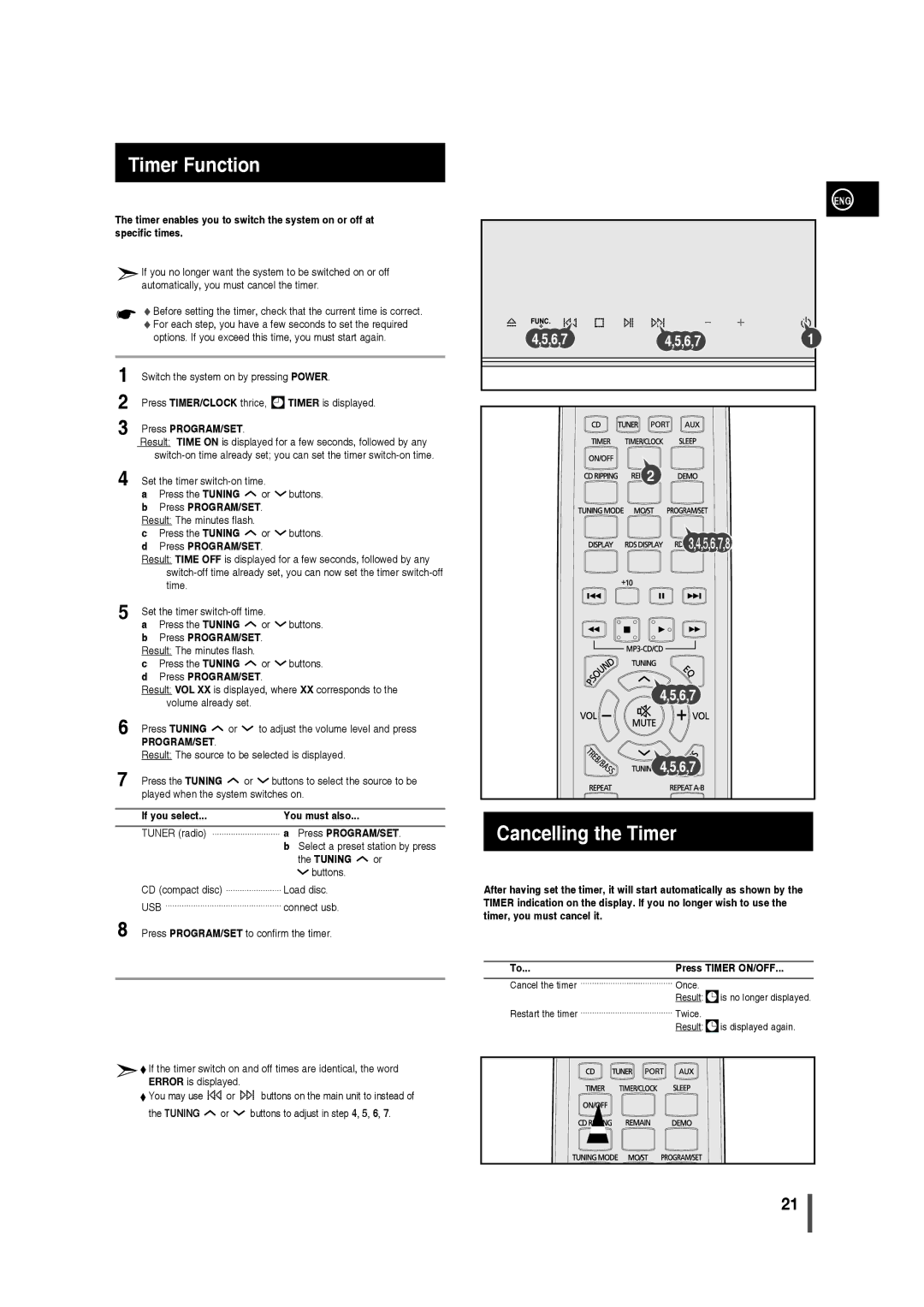 Samsung MM-C430/XEE manual Timer Function, Cancelling the Timer, If you select You must also, Tuning 