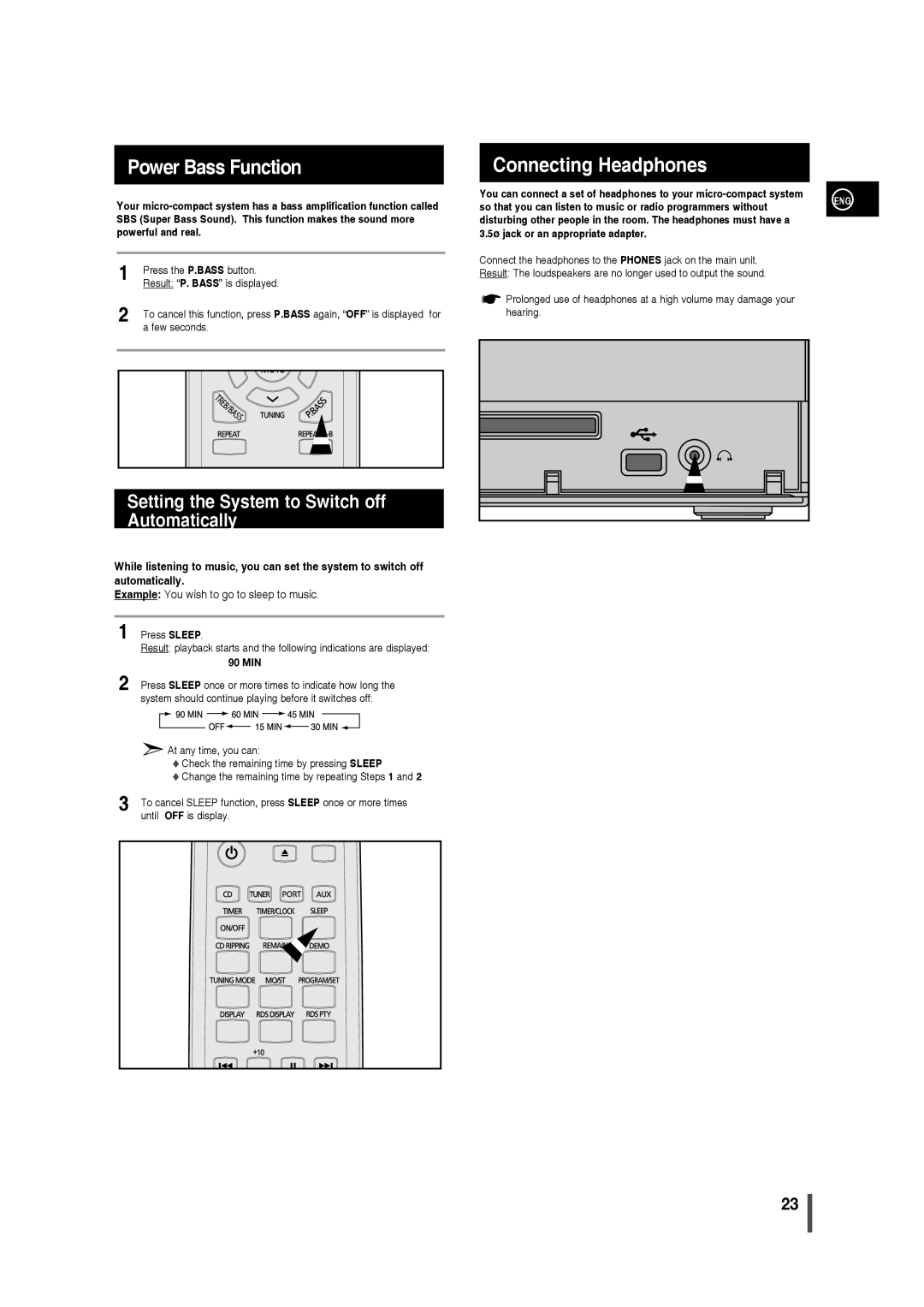 Samsung MM-C430/XEE manual Power Bass Function, Connecting Headphones, Setting the System to Switch off Automatically 