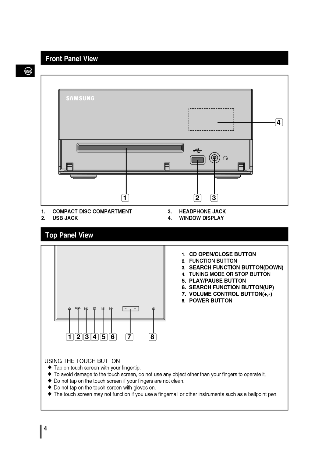 Samsung MM-C430/XEE manual Front Panel View, Top Panel View 