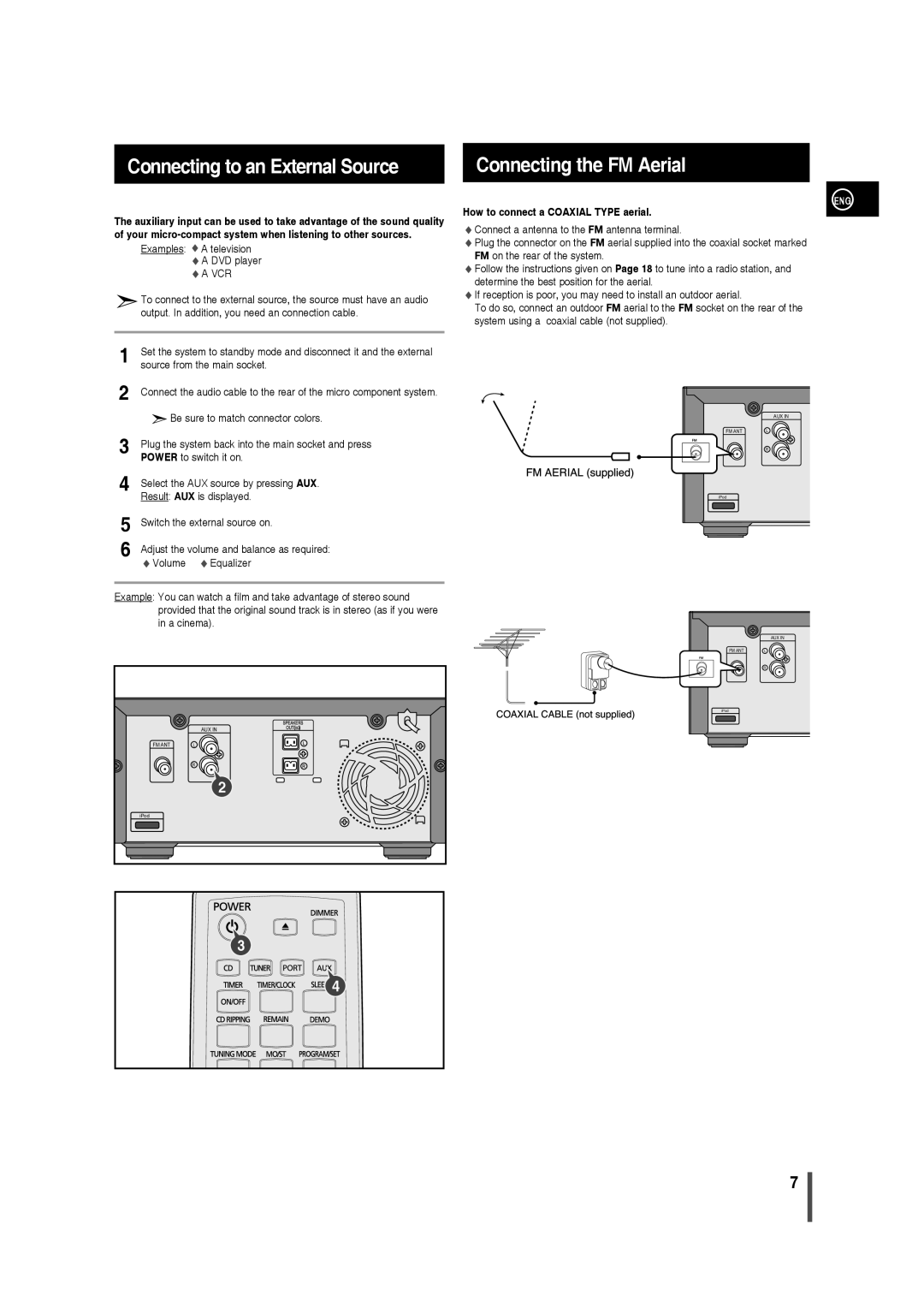 Samsung MM-C430/XEE manual Connecting to an External Source Connecting the FM Aerial, How to connect a Coaxial Type aerial 