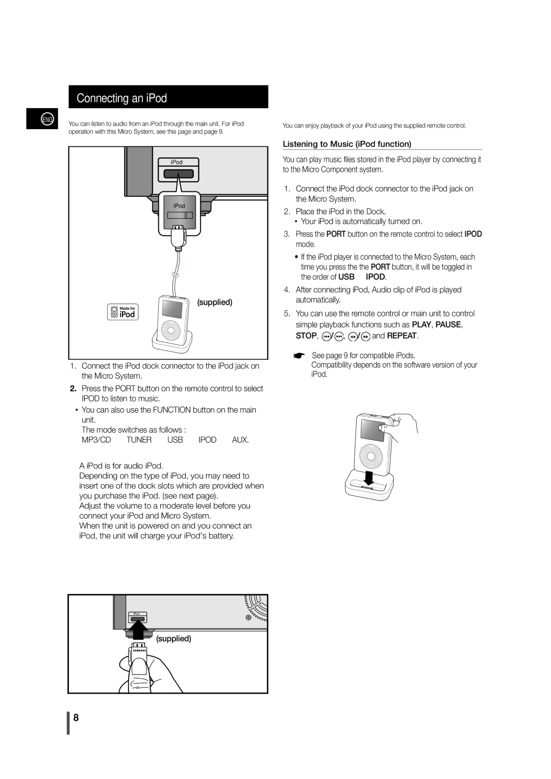 Samsung MM-C430/XEE manual Connecting an iPod, MP3/CD Tuner USB Ipod AUX 