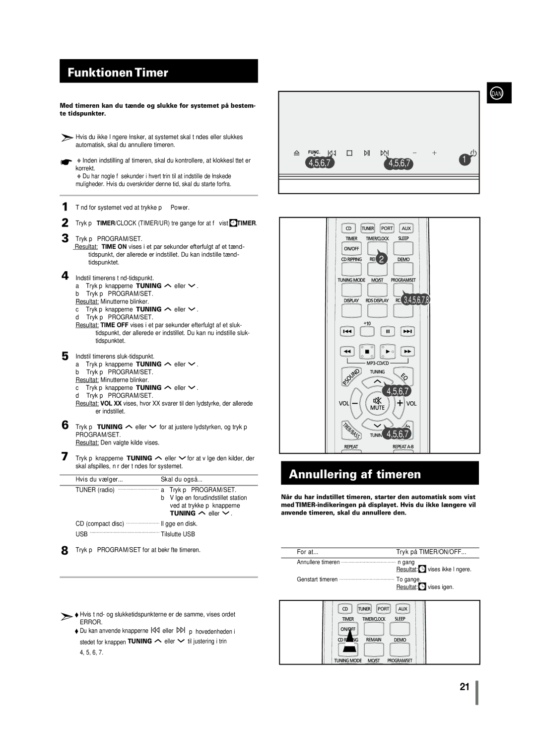 Samsung MM-C430/XEE manual Funktionen Timer, Annullering af timeren, Hvis du vælger Skal du også 