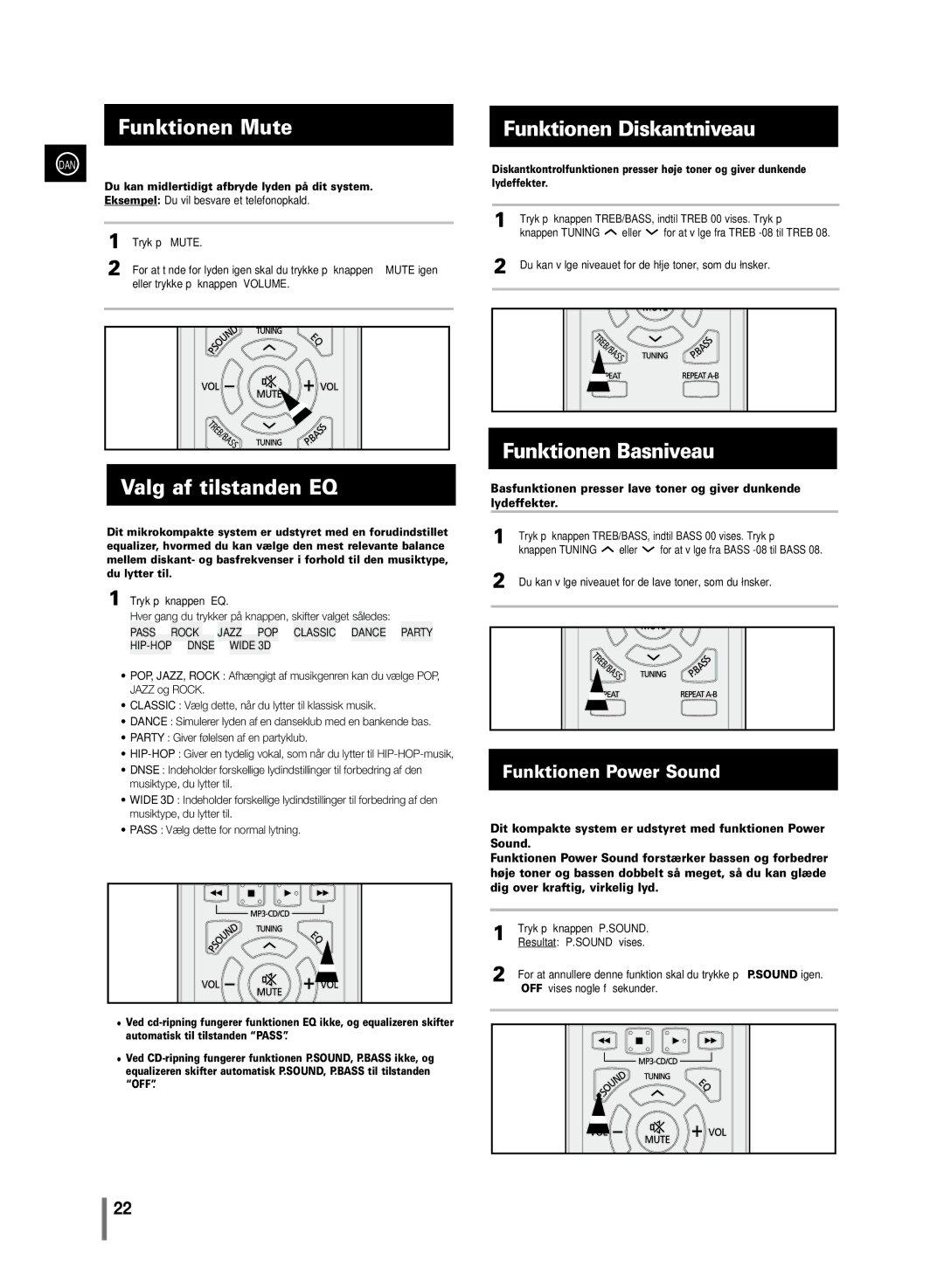 Samsung MM-C430/XEE manual Funktionen Mute, Valg af tilstanden EQ, Funktionen Diskantniveau, Funktionen Basniveau 