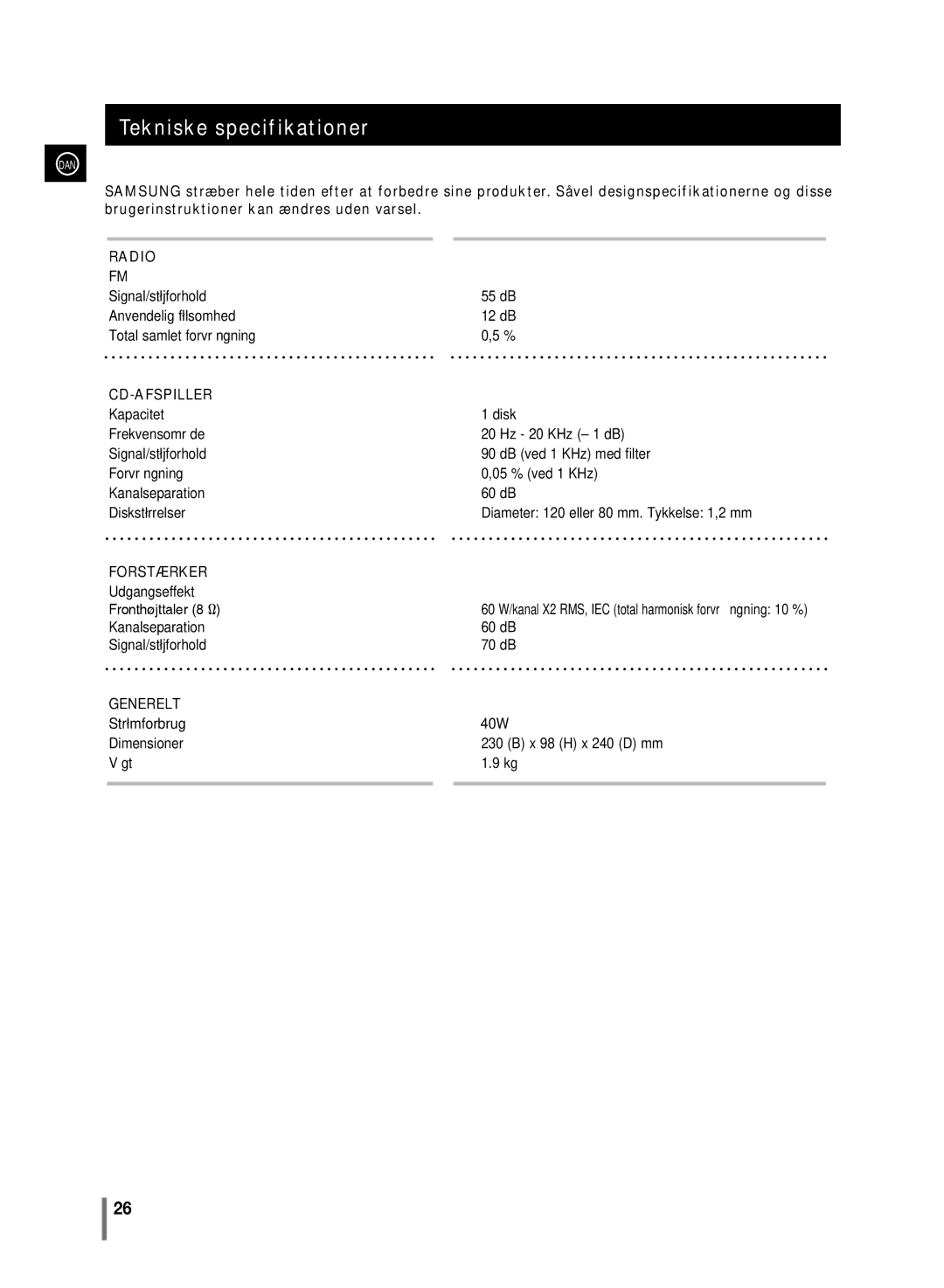 Samsung MM-C430/XEE manual Tekniske specifikationer, 60 W/kanal X2 RMS, IEC total harmonisk forvrængning 10 % 