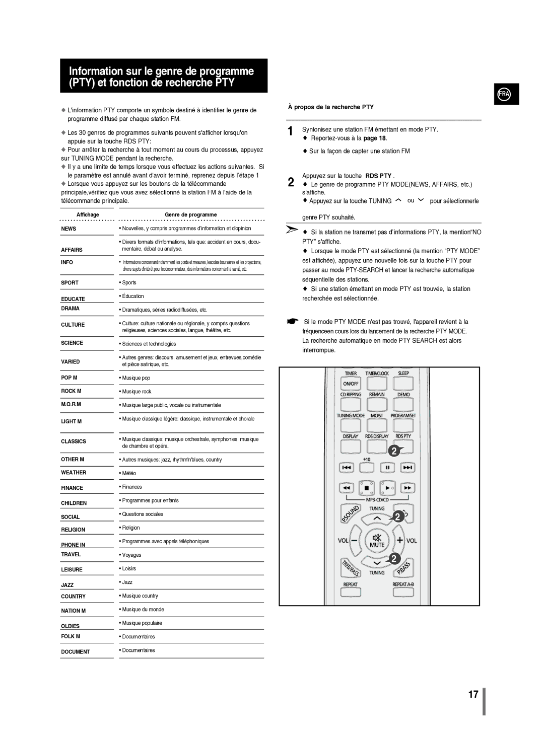 Samsung MM-C430/XEF manual Propos de la recherche PTY, Syntonisez une station FM émettant en mode PTY 