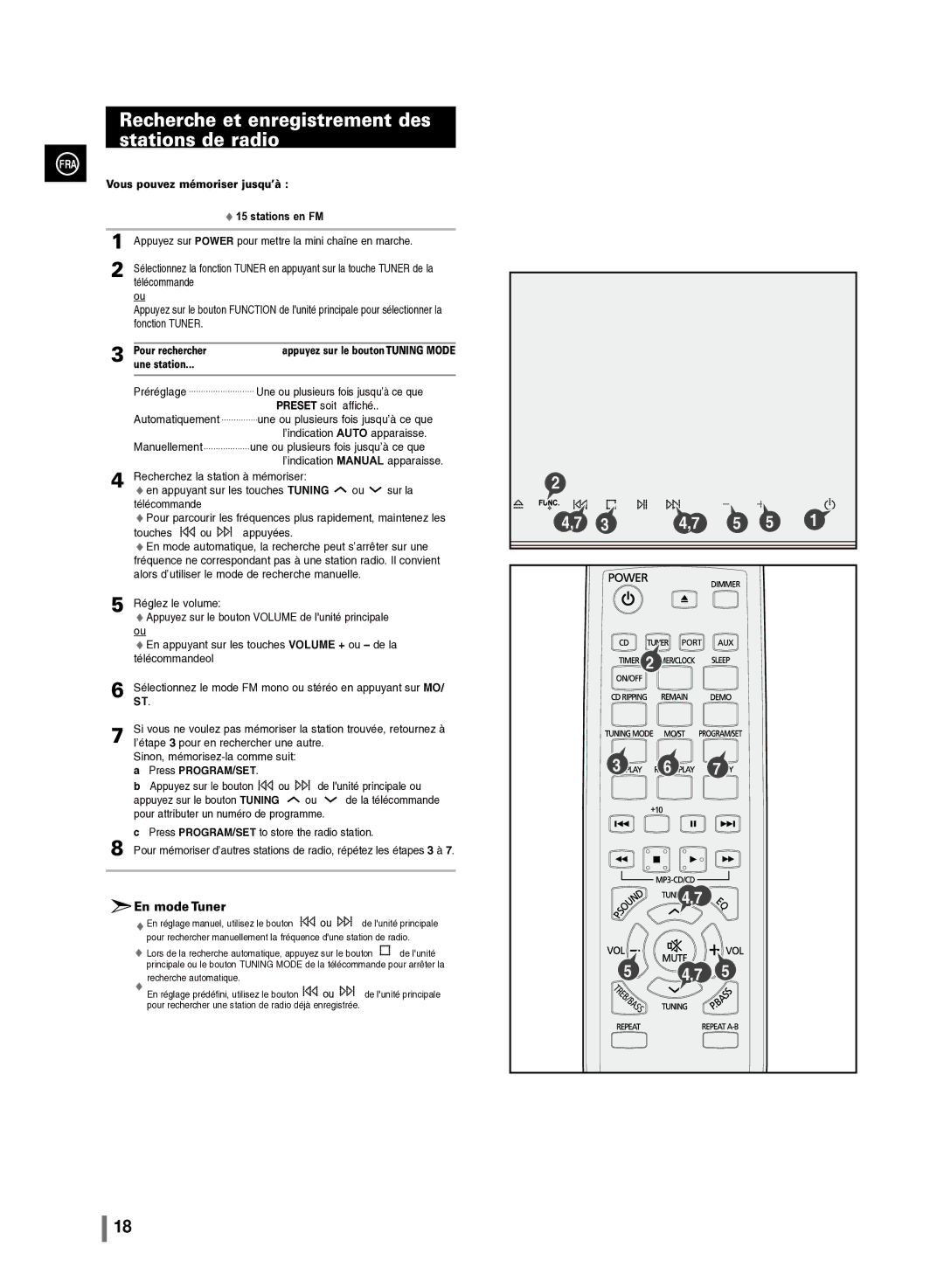 Samsung MM-C430/XEF manual Recherche et enregistrement des stations de radio, Vous pouvez mémoriser jusqu’à Stations en FM 