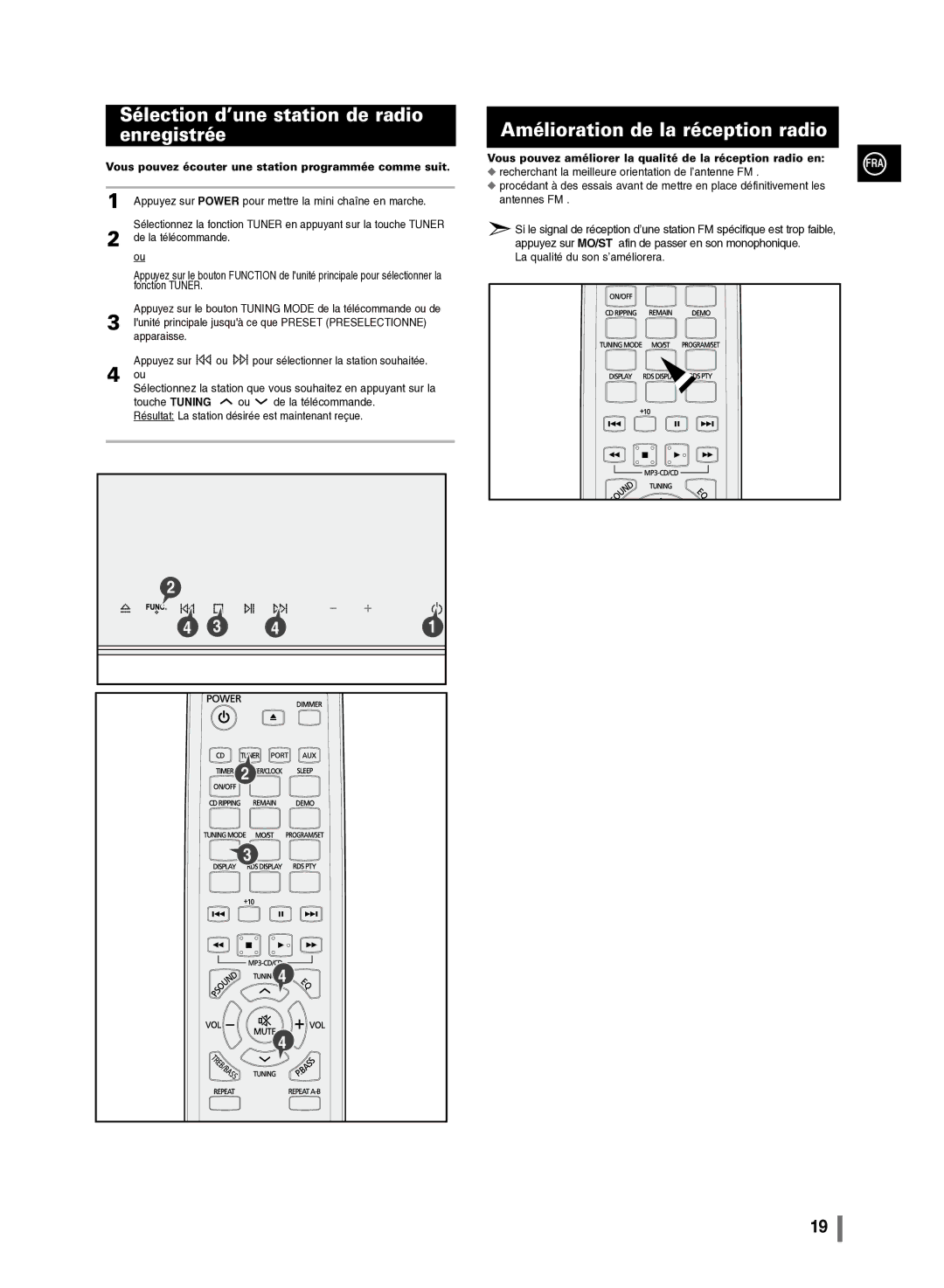 Samsung MM-C430/XEF manual Sélection d’une station de radio enregistrée, Amélioration de la réception radio 