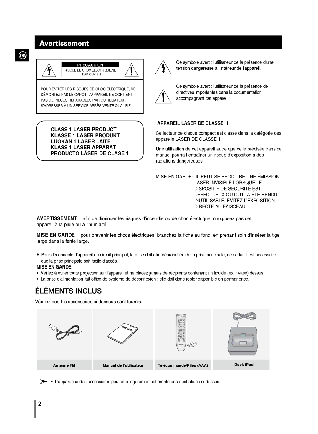 Samsung MM-C430/XEF manual Avertissement, FRA Precaución 