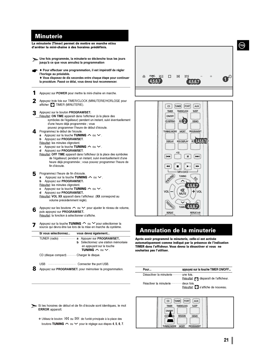 Samsung MM-C430/XEF manual Minuterie, Annulation de la minuterie, Si vous sélectionnez Vous devez également 