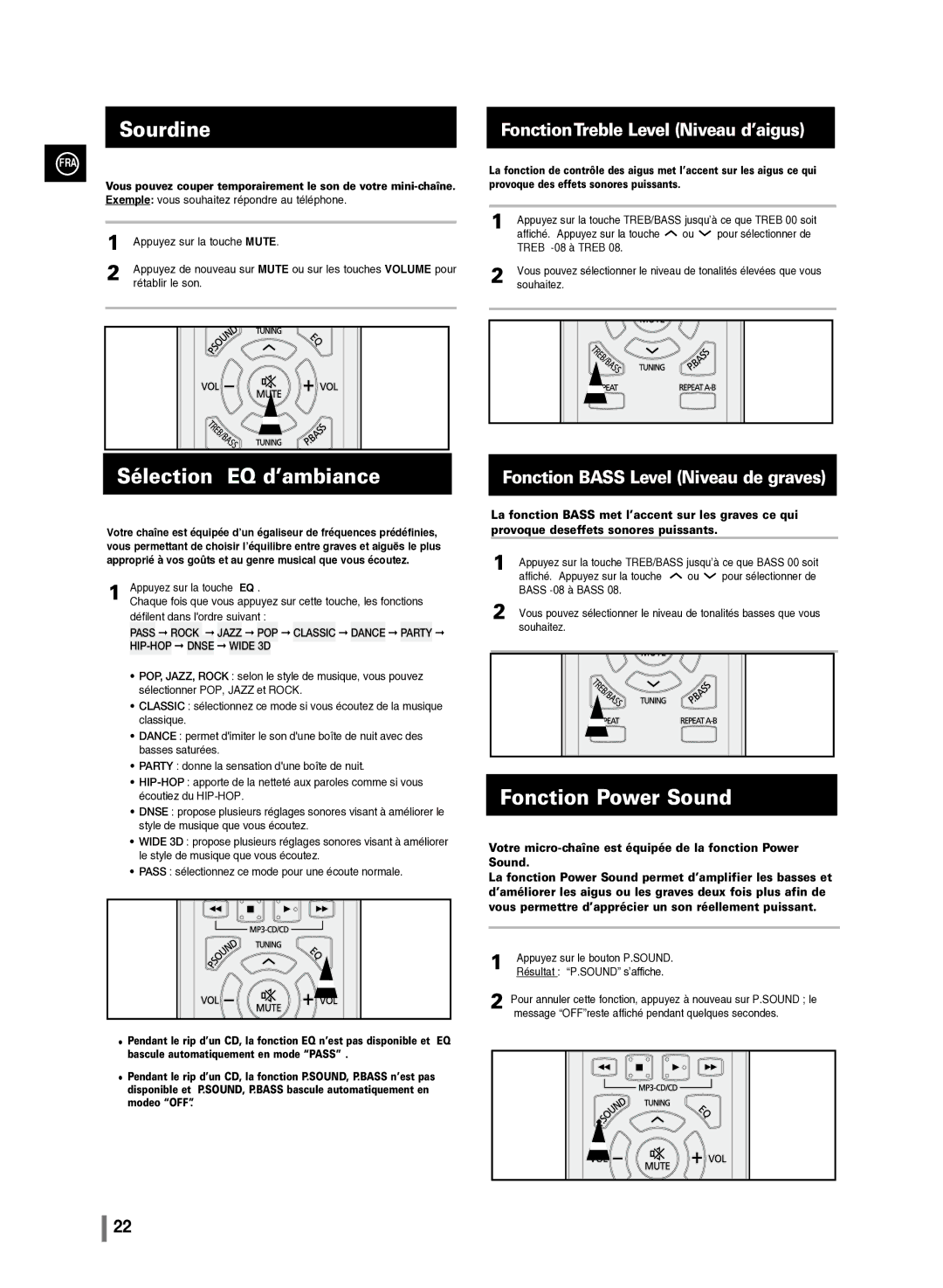 Samsung MM-C430/XEF manual Sourdine, Sélection EQ d’ambiance, Fonction Power Sound 