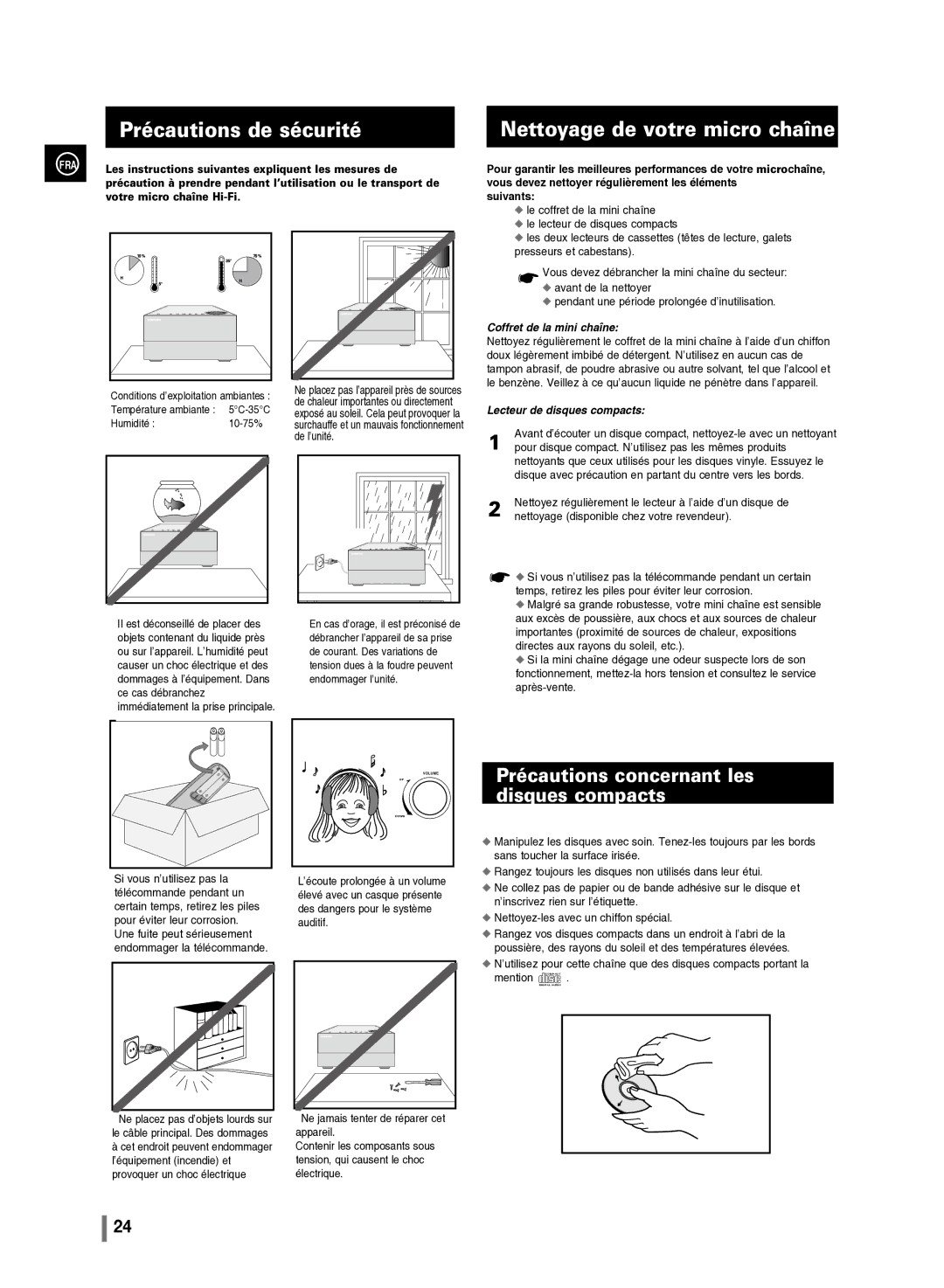 Samsung MM-C430/XEF Précautions de sécurité, Nettoyage de votre micro chaîne, Précautions concernant les disques compacts 