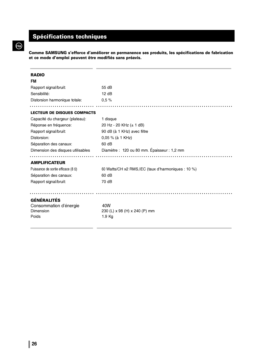 Samsung MM-C430/XEF manual Spécifications techniques, Amplificateur 