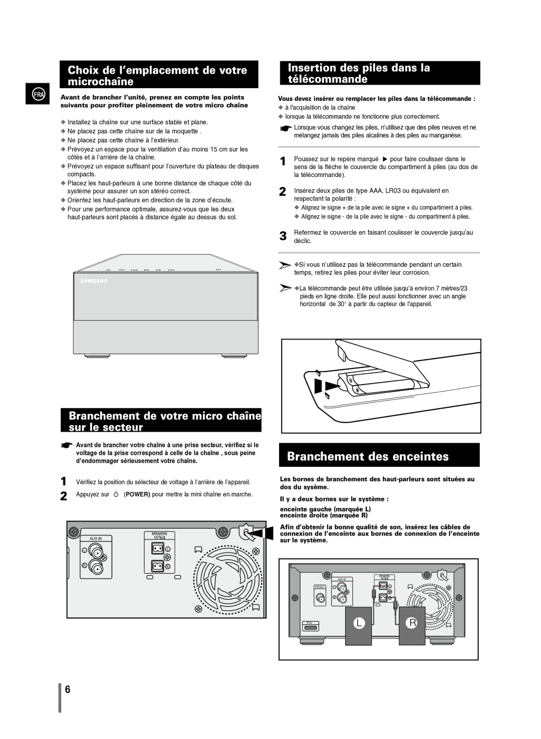 Samsung MM-C430/XEF manual Branchement des enceintes, Choix de l’emplacement de votre microchaîne 