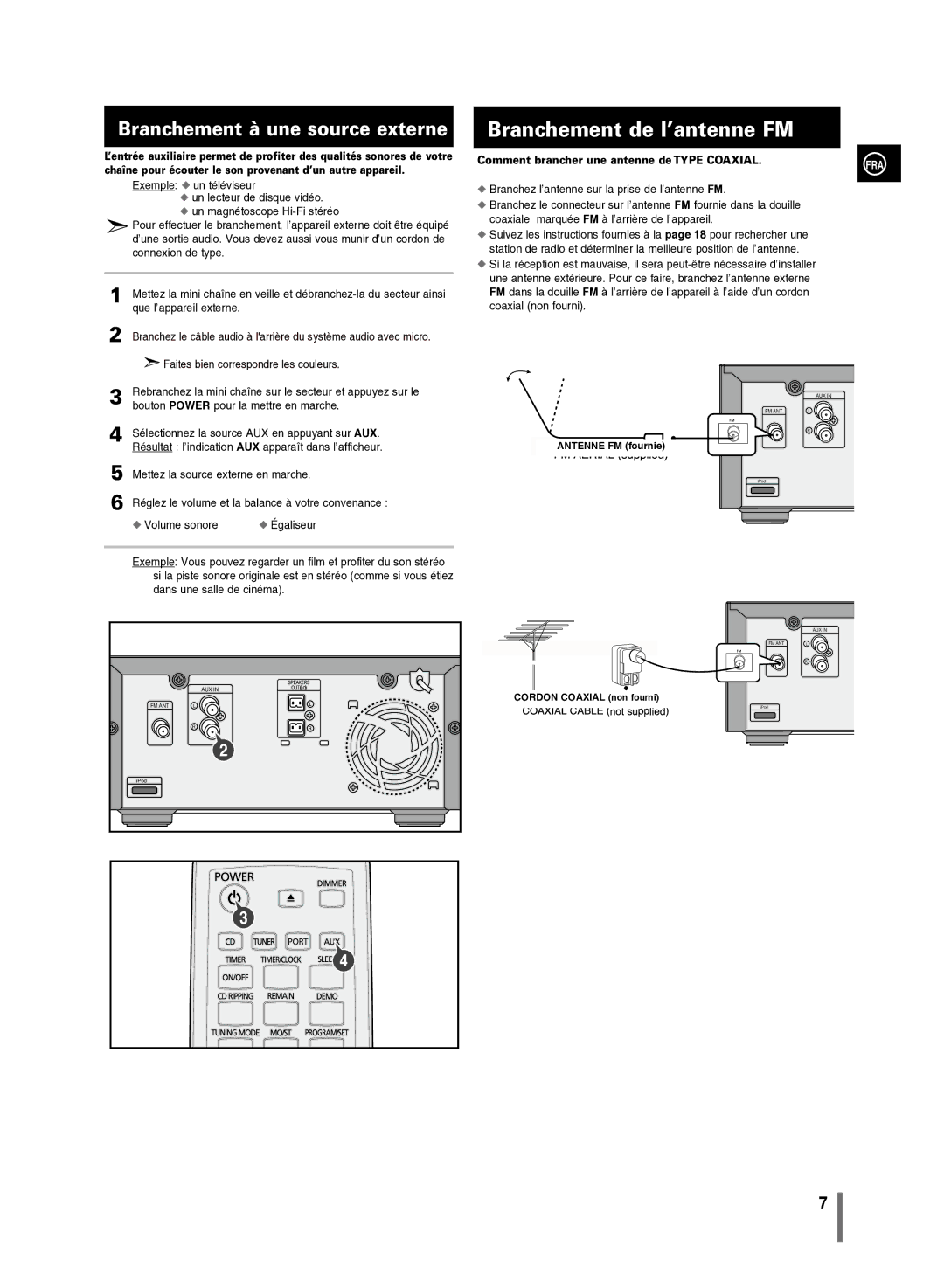 Samsung MM-C430/XEF manual Branchement de l’antenne FM, Branchement à une source externe 