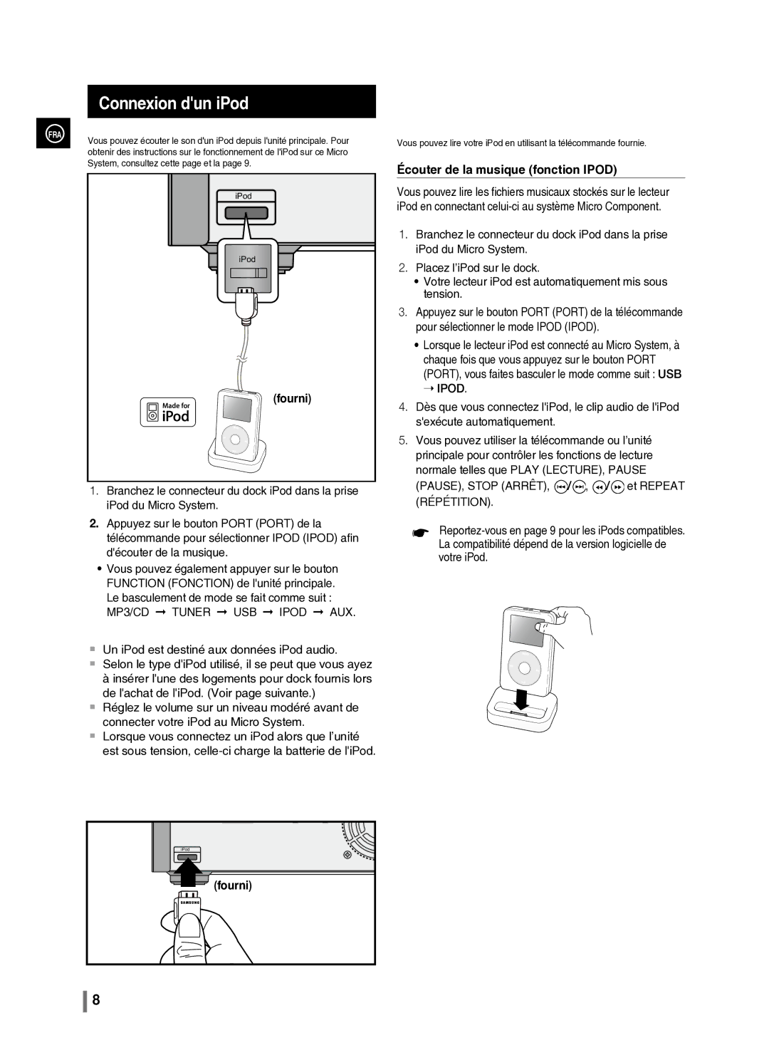 Samsung MM-C430/XEF manual Connexion dun iPod, System, consultez cette page et la 