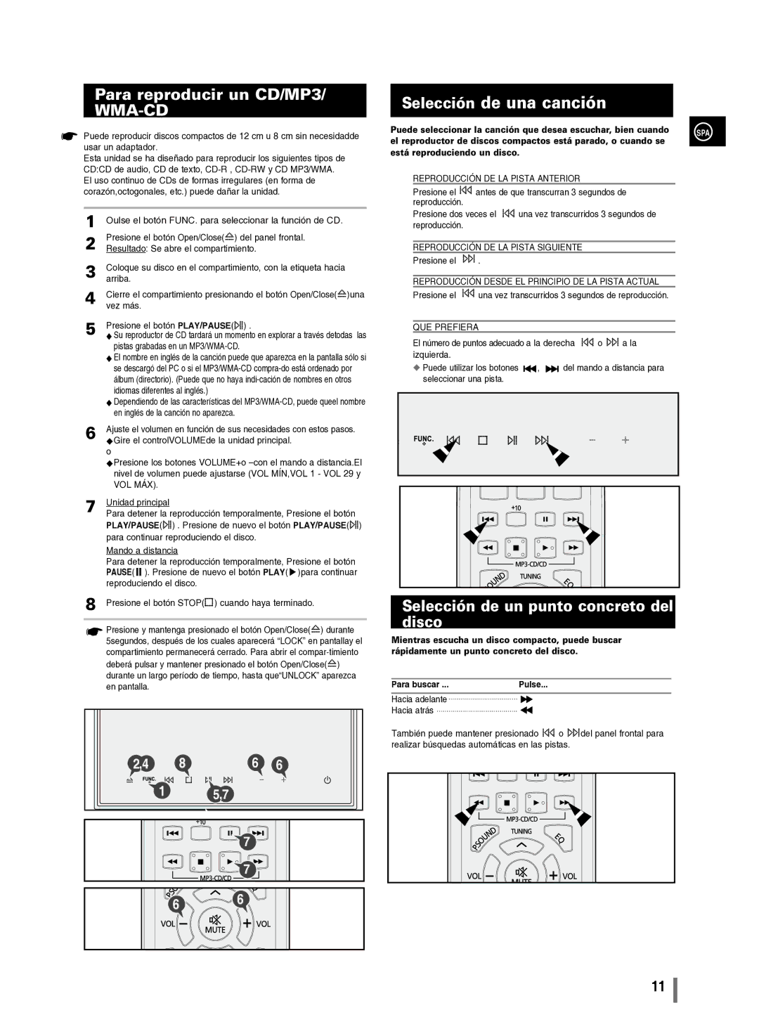 Samsung MM-C430/XEF manual Selección de una canción, Para reproducir un CD/MP3, Selección de un punto concreto del disco 