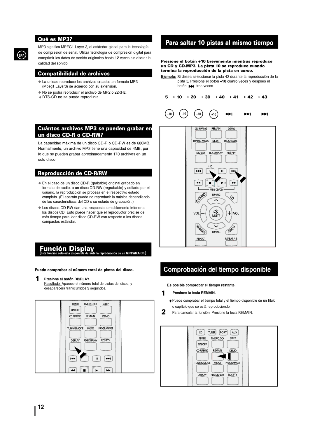 Samsung MM-C430/XEF manual Función Display, Comprobación del tiempo disponible, Para saltar 10 pistas al mismo tiempo 