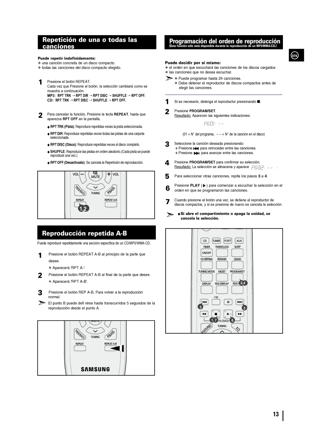 Samsung MM-C430/XEF Repetición de una o todas las canciones, Programación del orden de reproducción, Presione PROGRAM/SET 