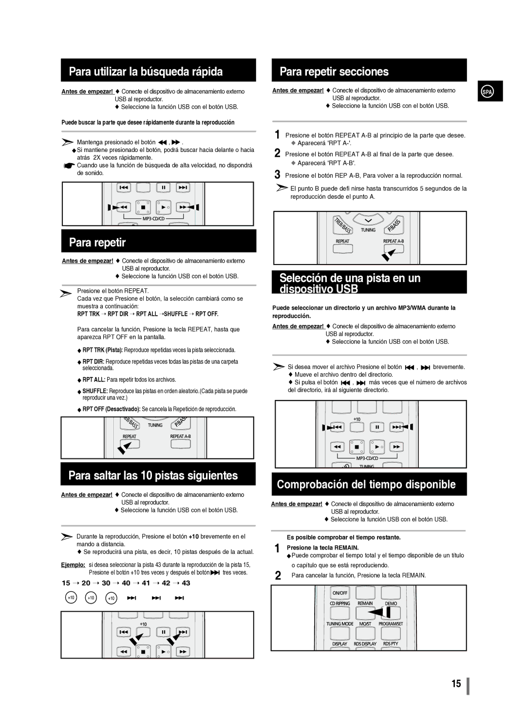 Samsung MM-C430/XEF manual Para utilizar la búsqueda rápida, Para repetir, Para saltar las 10 pistas siguientes 