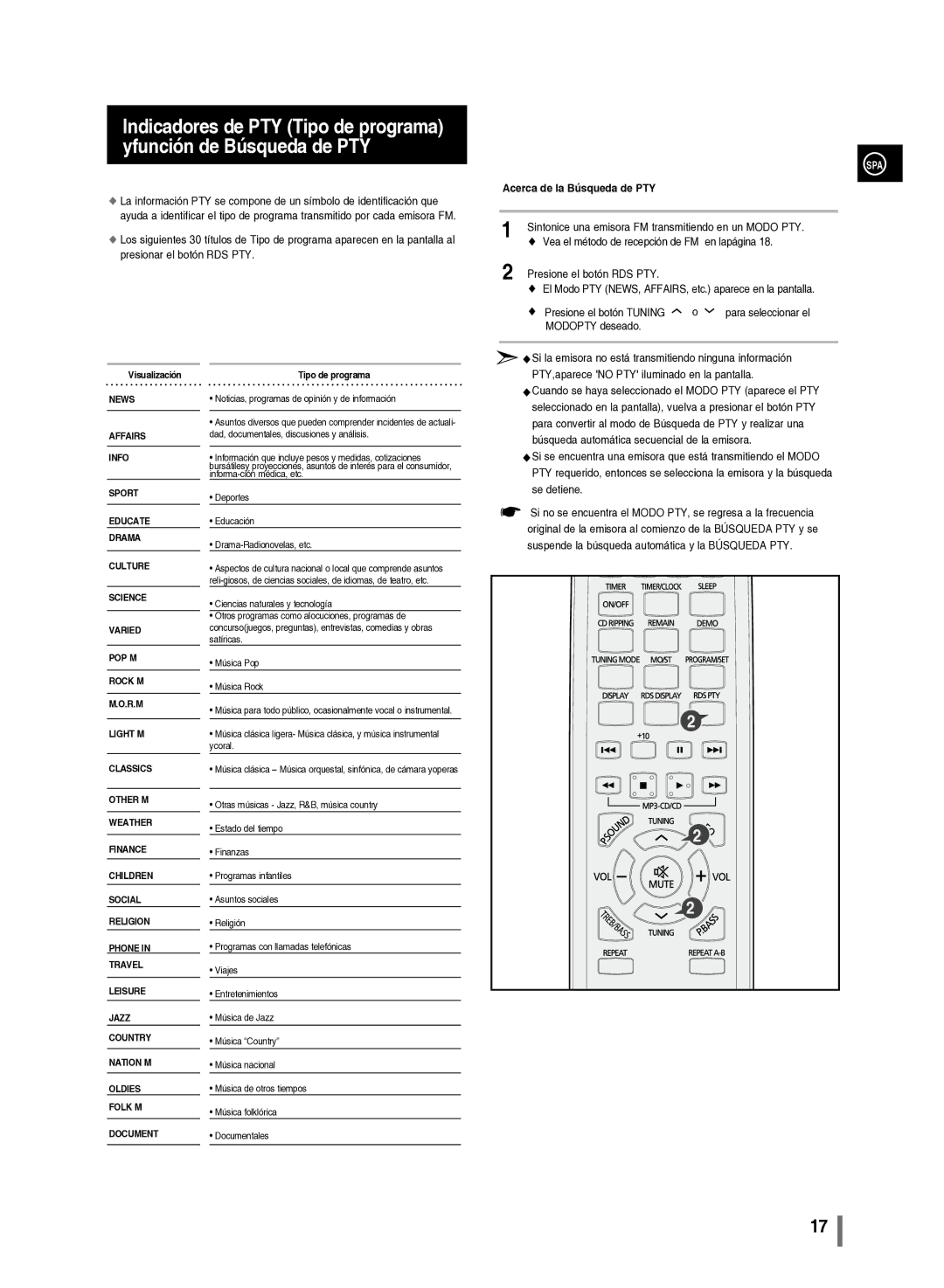 Samsung MM-C430/XEF manual Acerca de la Búsqueda de PTY, Vea el método de recepción de FM en lapágina 