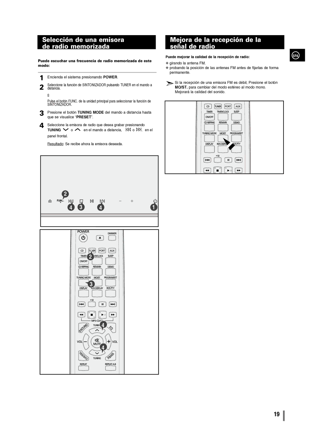 Samsung MM-C430/XEF manual Selección de una emisora de radio memorizada, Mejora de la recepción de la señal de radio 