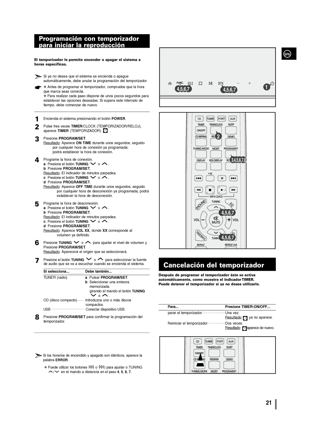 Samsung MM-C430/XEF manual Cancelación del temporizador, Programación con temporizador para iniciar la reproducción 