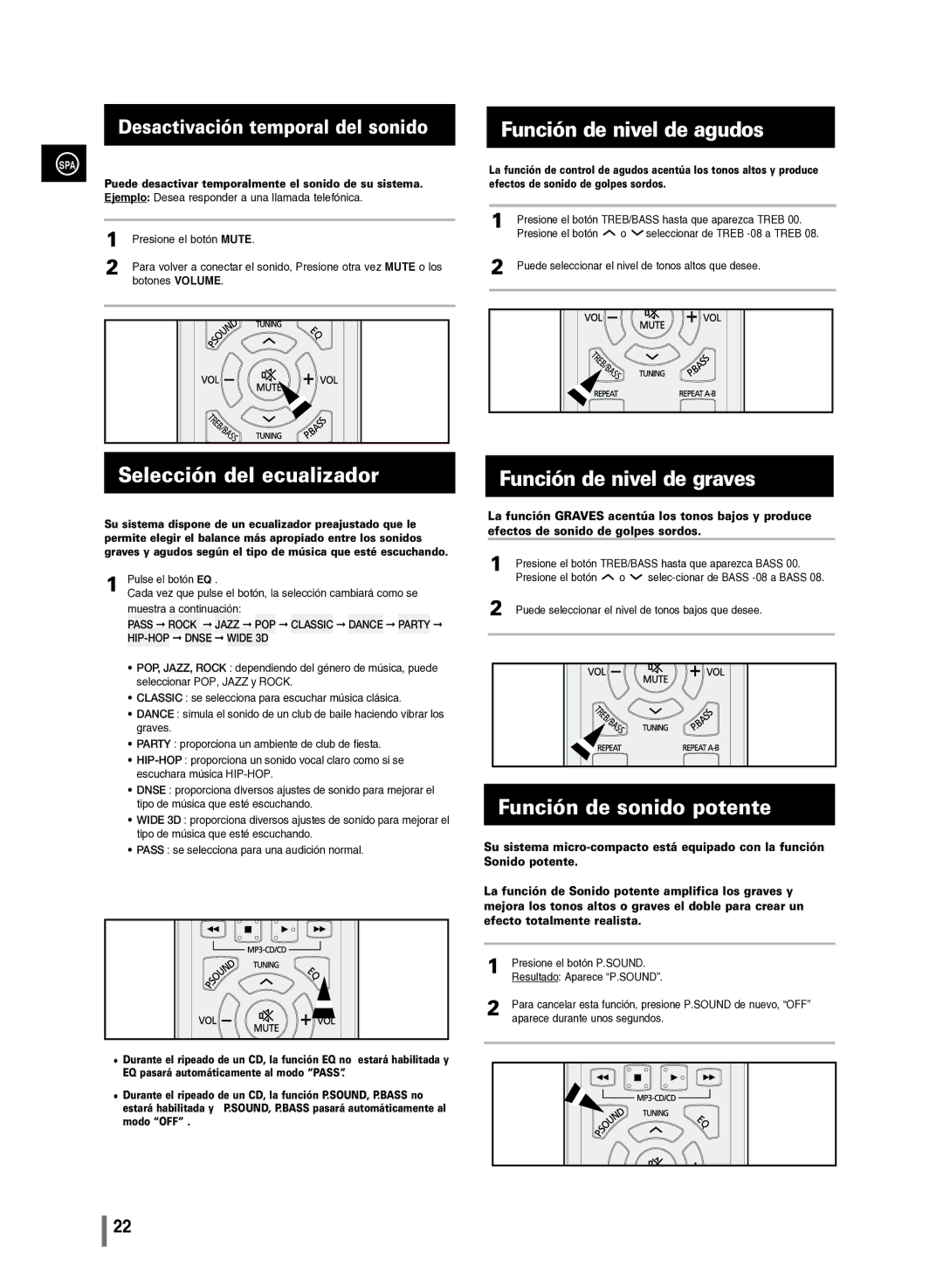 Samsung MM-C430/XEF manual Selección del ecualizador, Función de nivel de agudos, Función de nivel de graves 