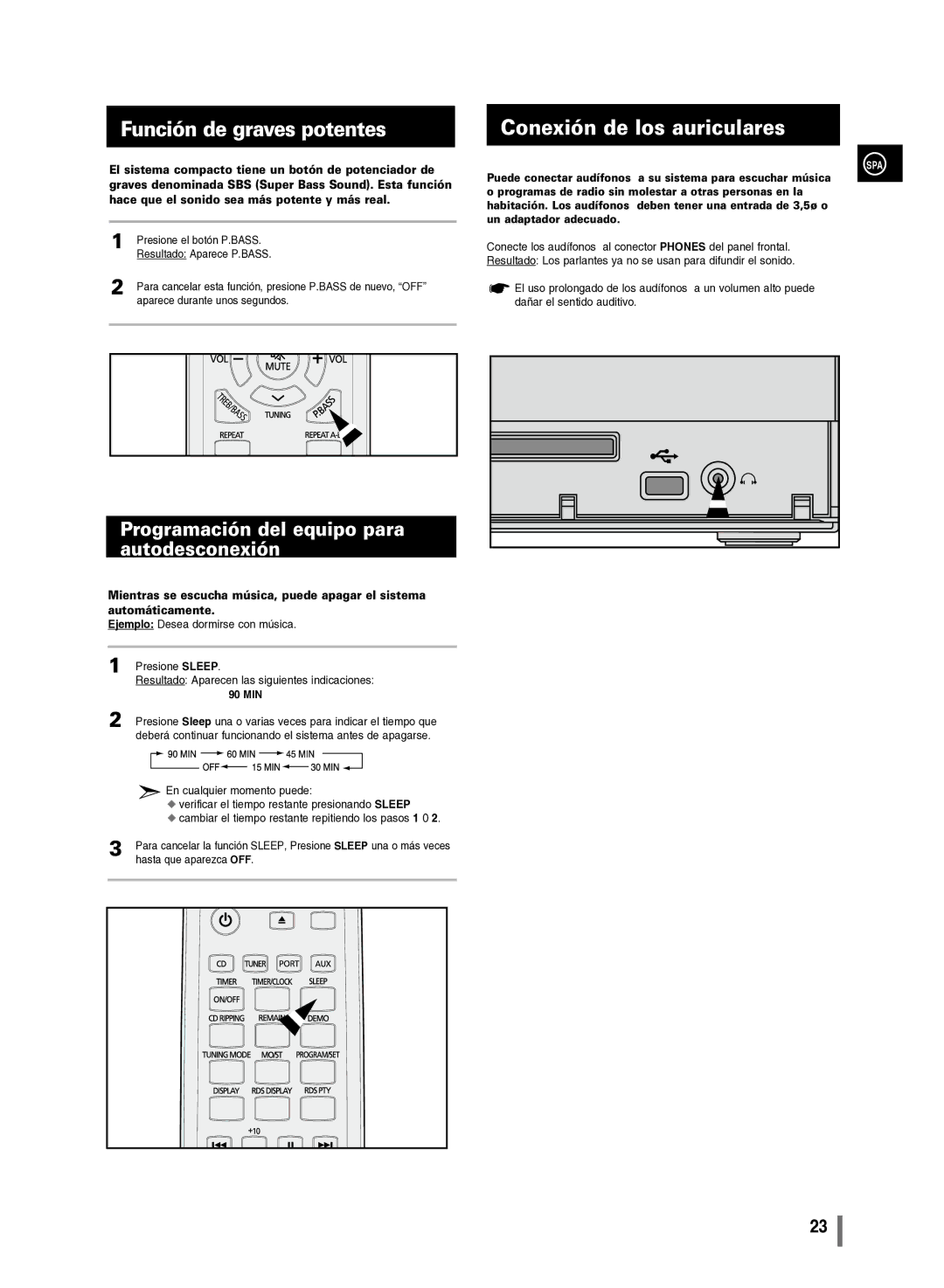 Samsung MM-C430/XEF Función de graves potentes, Conexión de los auriculares, Programación del equipo para autodesconexión 