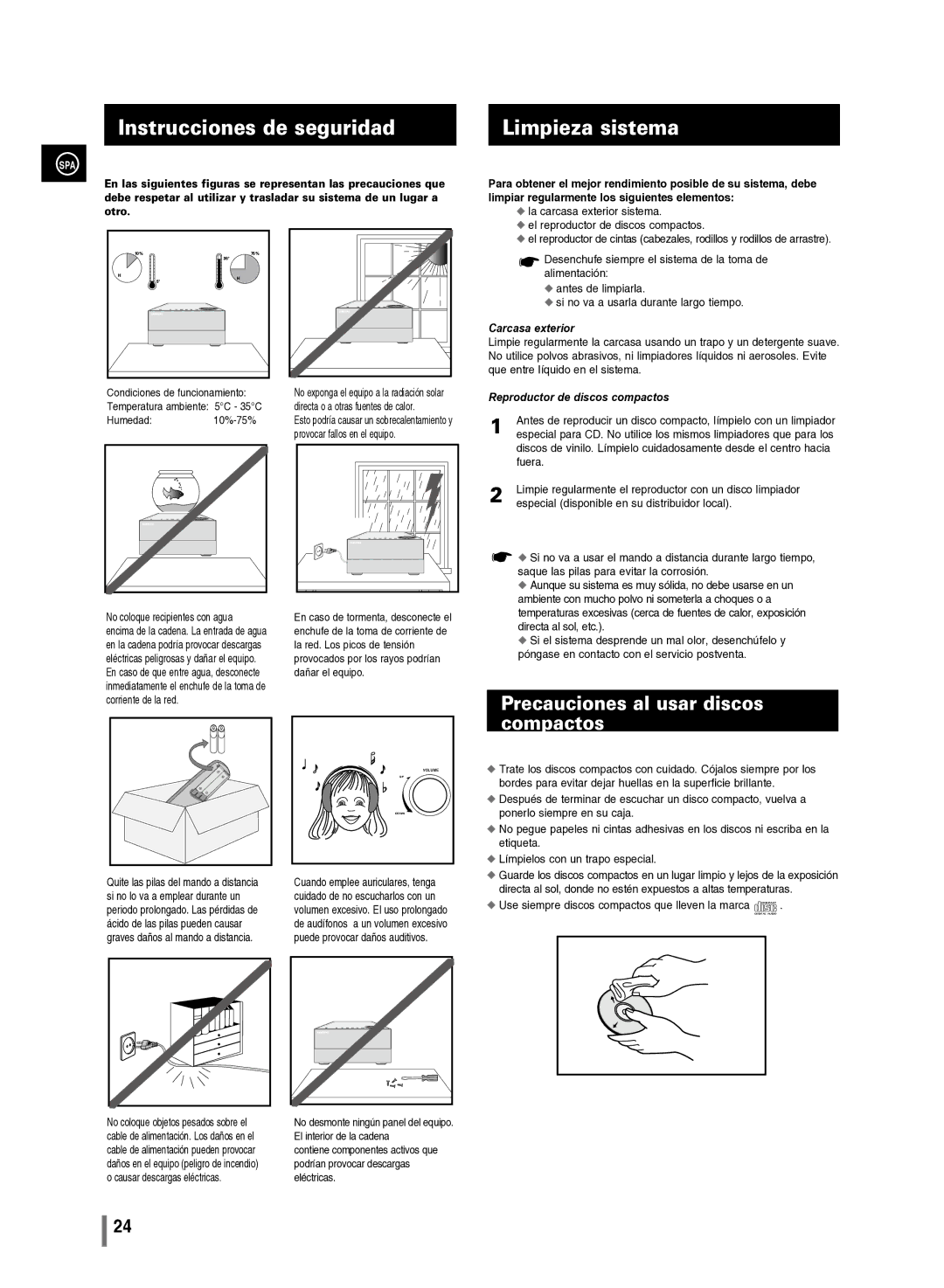 Samsung MM-C430/XEF manual Instrucciones de seguridad Limpieza sistema, Precauciones al usar discos compactos 