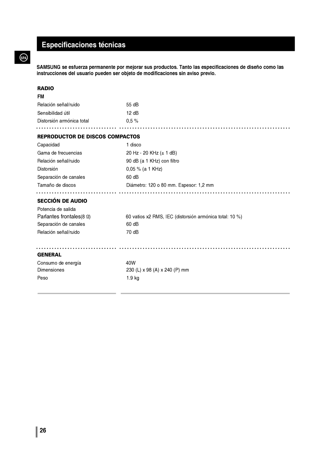 Samsung MM-C430/XEF manual Especificaciones técnicas, Reproductor de discos compactos 