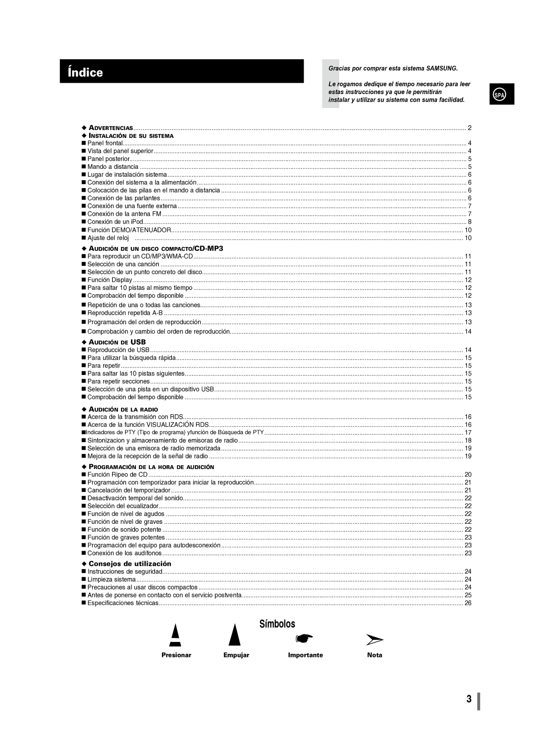 Samsung MM-C430/XEF manual Índice, Presionar Empujar Importante Nota 