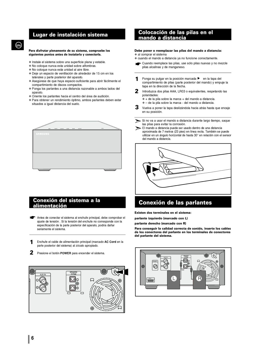 Samsung MM-C430/XEF manual Conexión de las parlantes, Lugar de instalación sistema, Conexión del sistema a la alimentación 