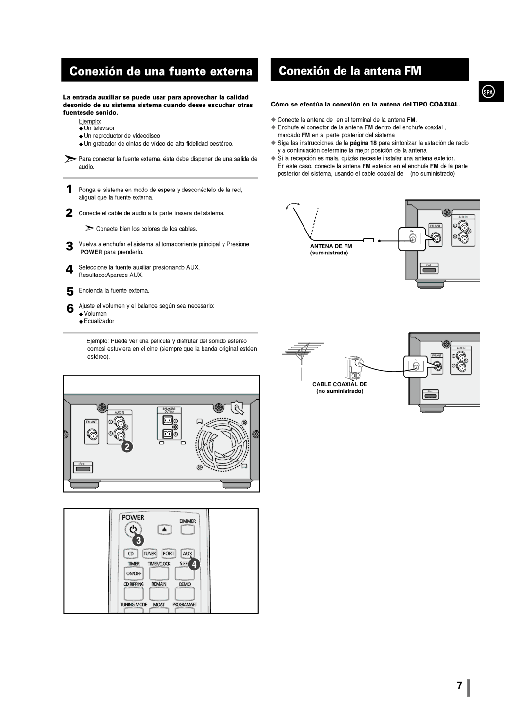 Samsung MM-C430/XEF manual Conexión de una fuente externa Conexión de la antena FM 