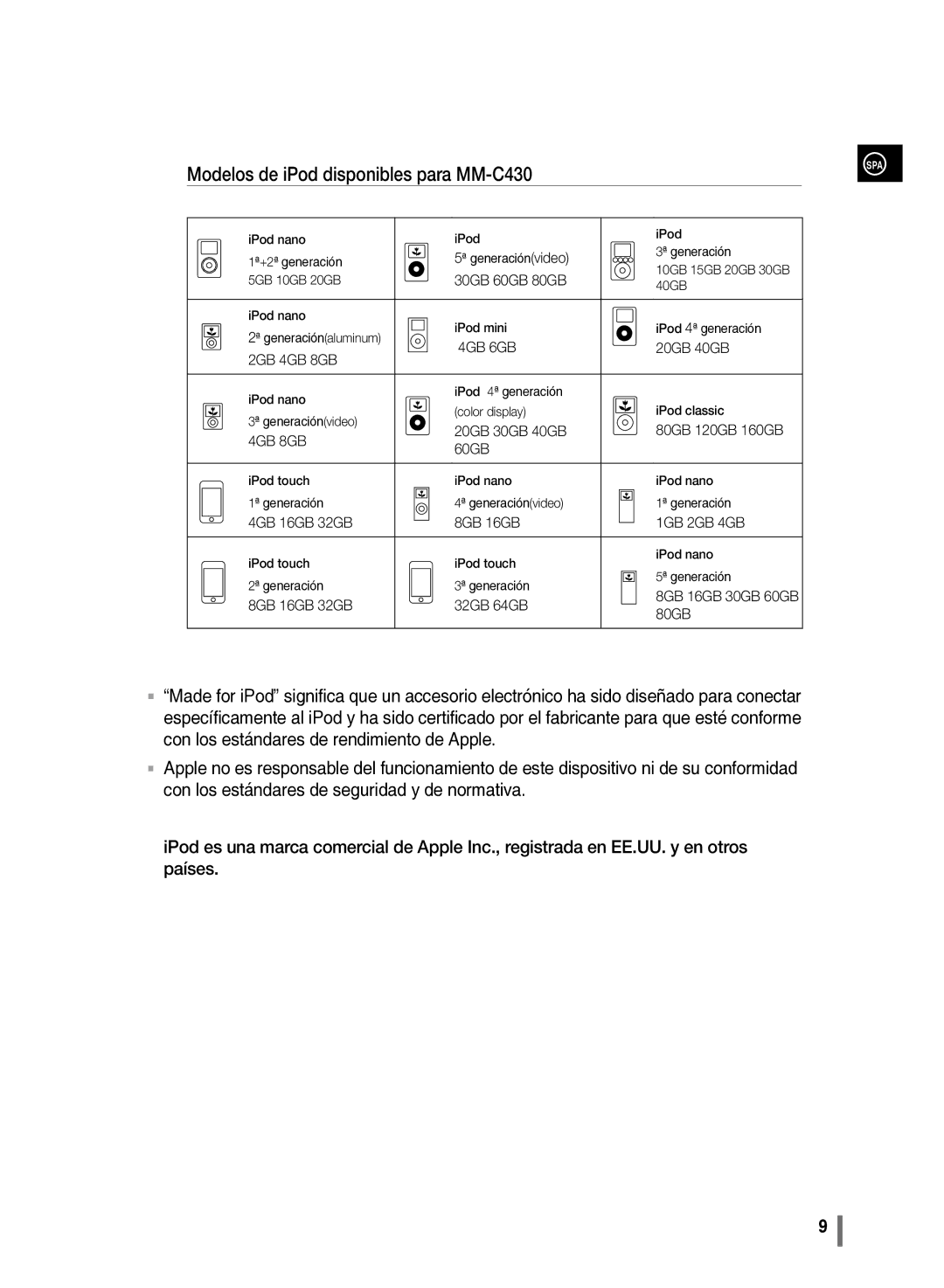 Samsung MM-C430/XEF manual Modelos de iPod disponibles para MM-C430 