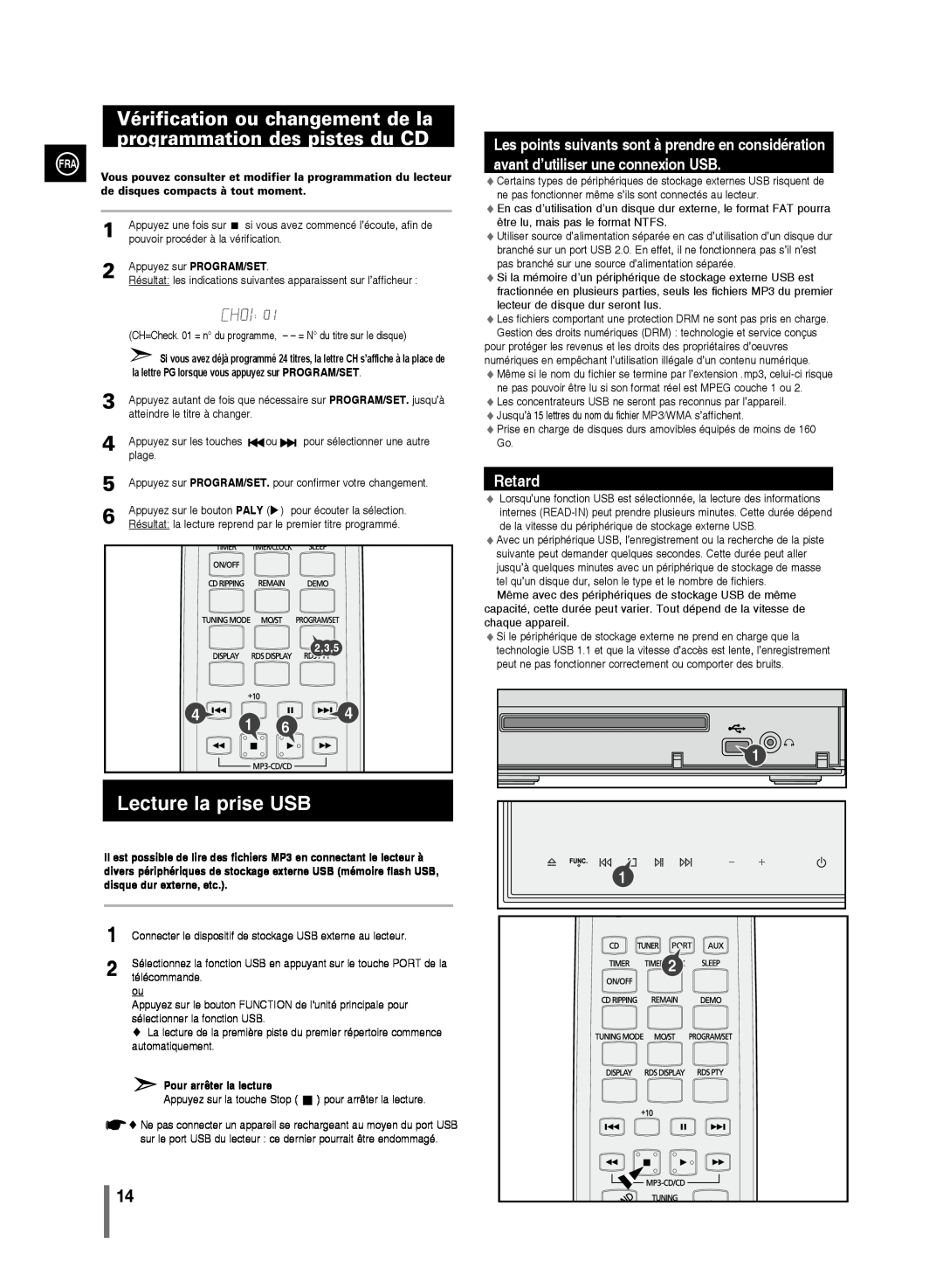 Samsung MM-C430/XEF Vérification ou changement de la programmation des pistes du CD, Lecture la prise USB, Retard, 2,3,5 