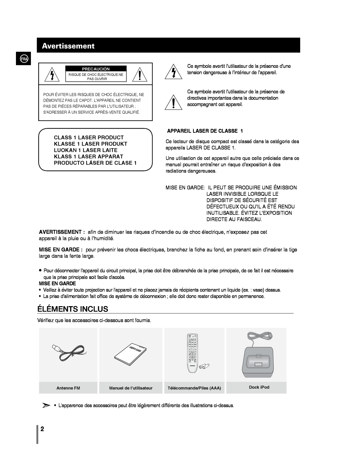 Samsung MM-C430/XEF manual Avertissement, Éléments Inclus, Appareil Laser De Classe, Mise En Garde 