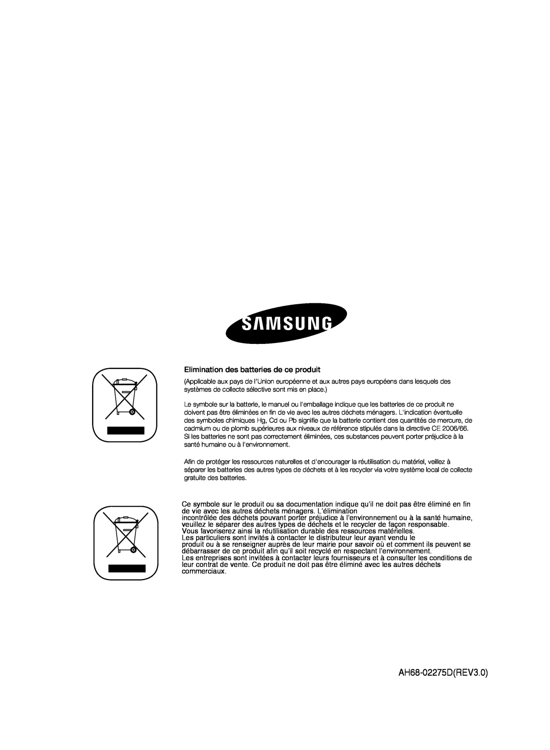 Samsung MM-C430/XEF manual AH68-02275DREV3.0, Elimination des batteries de ce produit 
