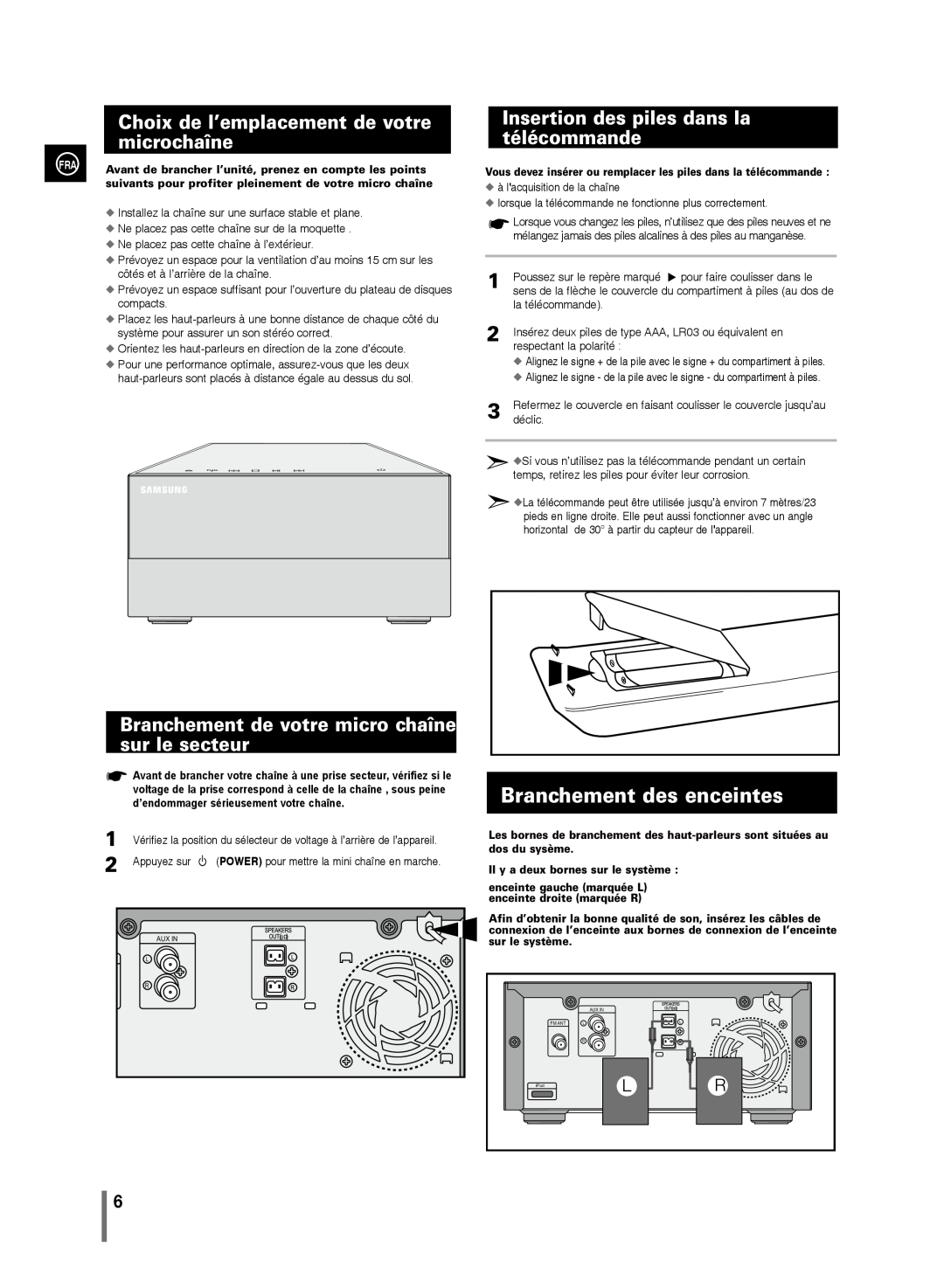 Samsung MM-C430/XEF manual Branchement des enceintes, Choix de l’emplacement de votre microchaîne 